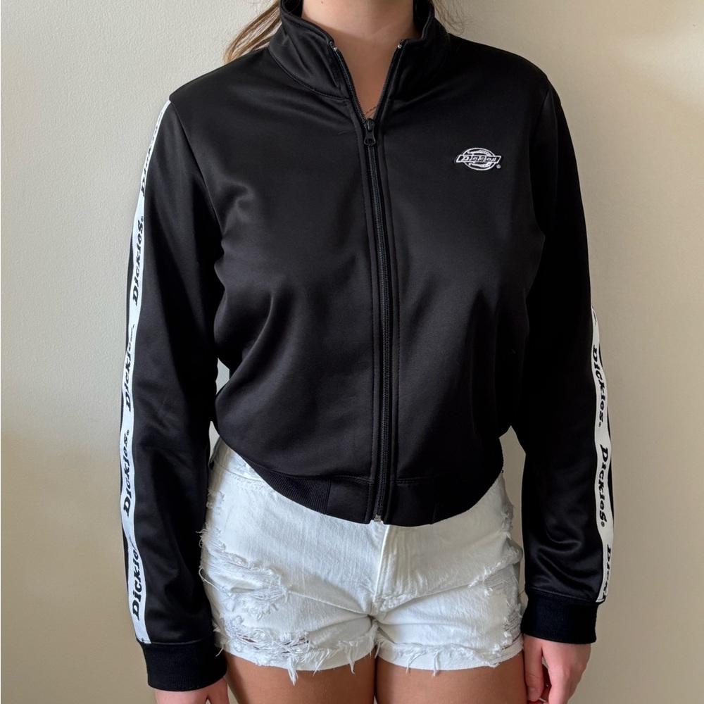 DICKIES Cropped Y2K Black Track Jacket, Logo Sleeves Zip Up, Retro Streetwear